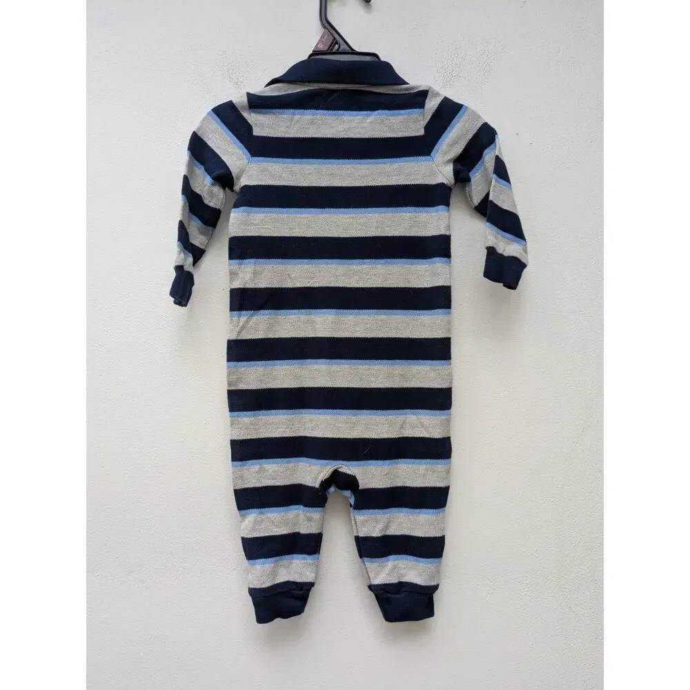 Ralph Lauren Baby Boy Coverall Blue Striped Rugby Cotton Long Sleeve 6M